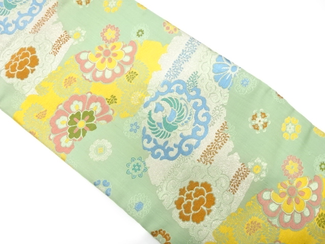 アンティーク　破れ地紙に花・鳳凰模様織り出し名古屋帯（着用可）